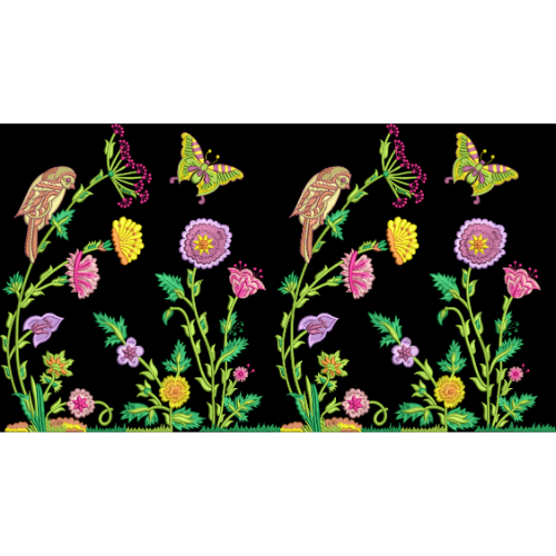 Playful Floral and Bird Embroidery Border Textile Design