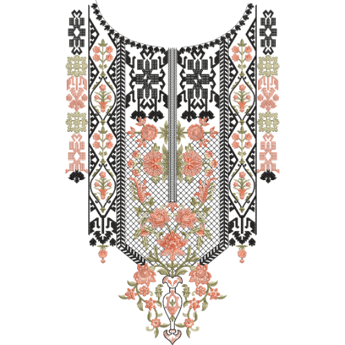 Traditional Geometric and Floral Embroidery Neckline Textile Design