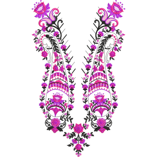 Ornate Symmetrical Floral Embroidery Neckline Motif Design
