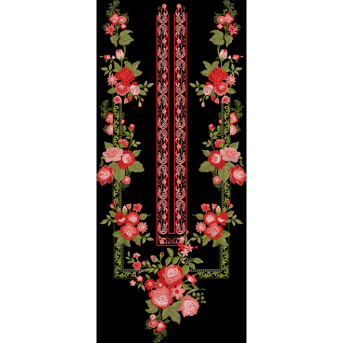 Classic Rose Floral Neckline Textile Print with Ornamental Borders on Black Base