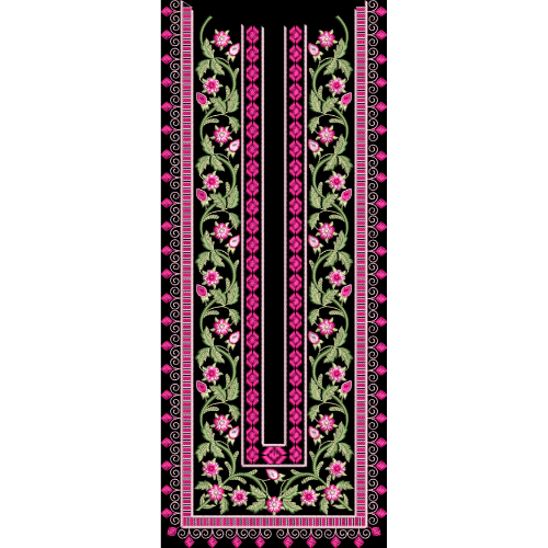Ornamental Floral Border Neckline Textile Print with Pink Accents on Black Base