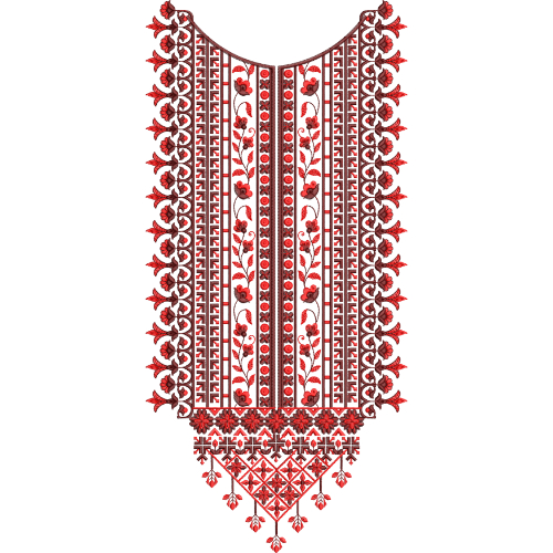 Traditional Red Floral Embroidery Style Neckline Textile Print