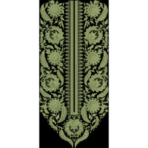 Ornate Green Floral Embroidery Style Neckline Textile Print on Black Base