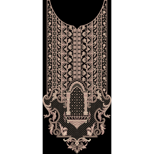 Elegant Ornamental Embroidery Style Neckline Textile Print in Beige on Black Base