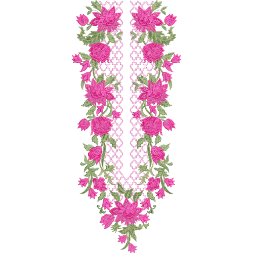 Bright Pink Floral Embroidery Style Neckline Textile Print on Light Base