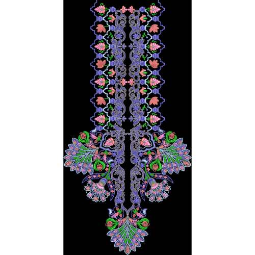 Ornamental Floral and Peacock Motif Embroidery Style Neckline Textile Print on Black Base