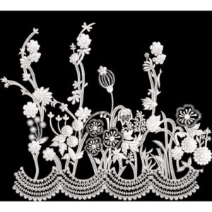 Elegant White Floral Embroidery Style Border Textile Print on Black Base