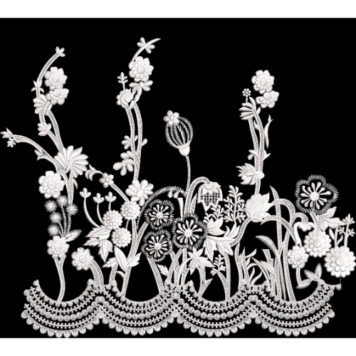 Elegant White Floral Embroidery Style Border Textile Print on Black Base