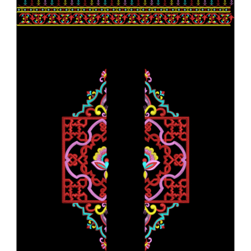Ornamental Floral Medallion Embroidery Style Textile Design on Black Base