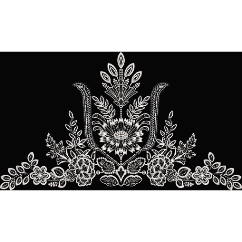Elegant White Floral Embroidery Style Ornamental Textile Motif on Black Base