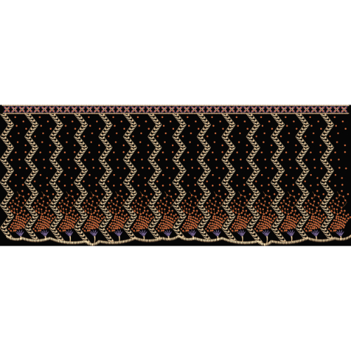 Traditional Floral Vine Embroidery Style Border Textile Print on Black Base