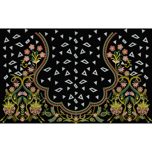 Ornamental Floral Embroidery Style Scalloped Border Textile Print on Black Base