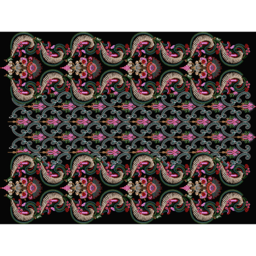 Rich Paisley and Floral Embroidery Style Allover Border Textile Print on Black Base
