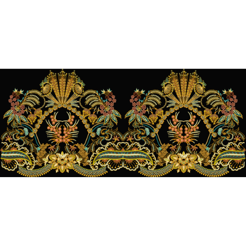 Luxurious Golden Ornamental Embroidery Style Scalloped Border Textile Print on Black Base