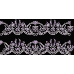 Delicate Lavender Floral Embroidery Style Scalloped Border Textile Print on Black Base