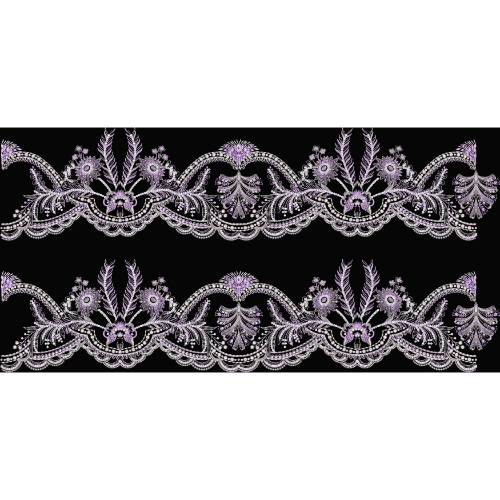 Delicate Lavender Floral Embroidery Style Scalloped Border Textile Print on Black Base