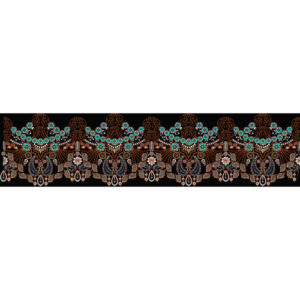 Ornate Turquoise and Copper Embroidery Style Scalloped Border Textile Print on Black Base