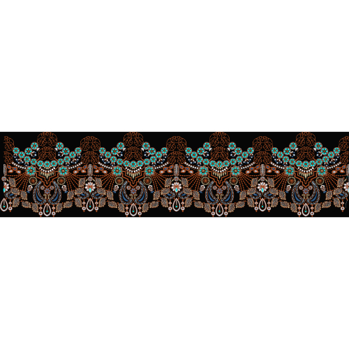 Ornate Turquoise and Copper Embroidery Style Scalloped Border Textile Print on Black Base