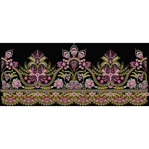 Royal Floral Embroidery Style Ornamental Border Textile Print on Black Base