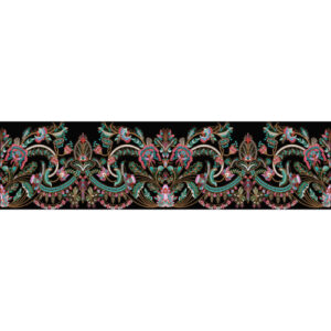 Intricate Multicolor Paisley Floral Embroidery Style Ornamental Border Textile Print on Black Base
