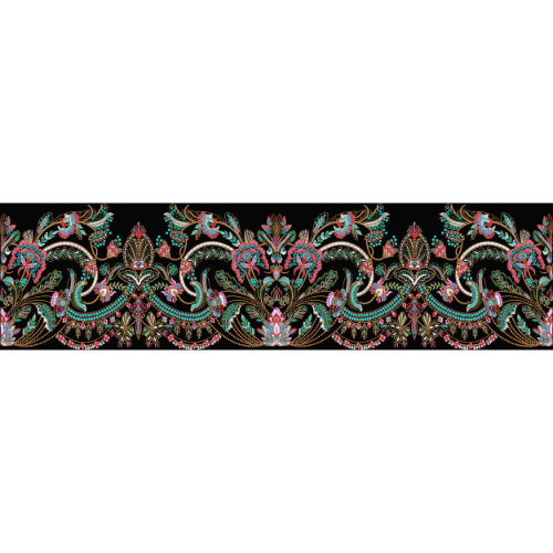 Intricate Multicolor Paisley Floral Embroidery Style Ornamental Border Textile Print on Black Base