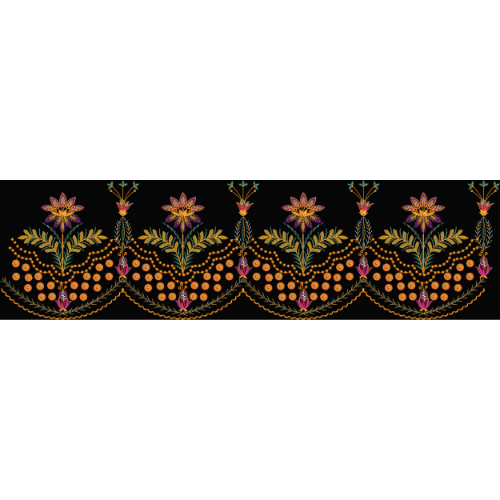 Decorative Floral Vine Embroidery Style Scalloped Border Textile Print on Black Base