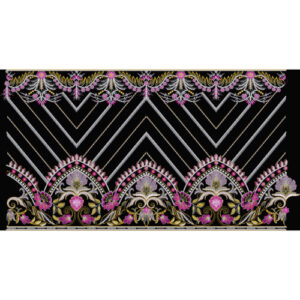 Ornate Floral and Chevron Embroidery Style Scalloped Border Textile Print on Black Base
