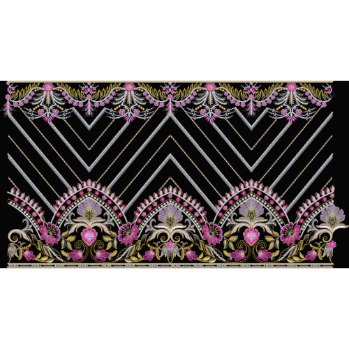Ornate Floral and Chevron Embroidery Style Scalloped Border Textile Print on Black Base