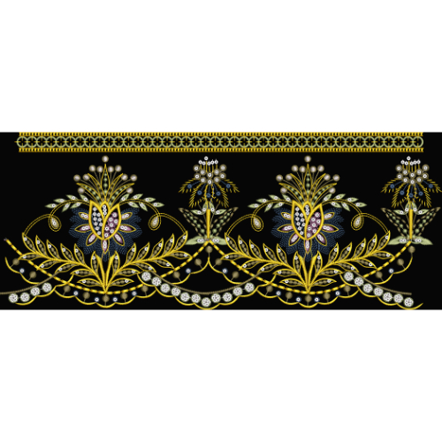 Luxurious Golden Floral Embroidery Style Scalloped Border Textile Print on Black Base
