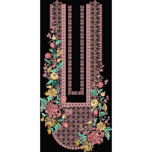 Floral and Geometric Embroidery Style Neckline Textile Print on Black Base