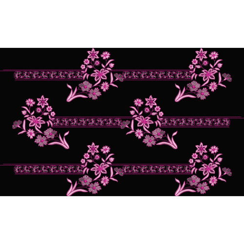 Pink Floral Embroidery Style Repeating Border Textile Design on Black Base