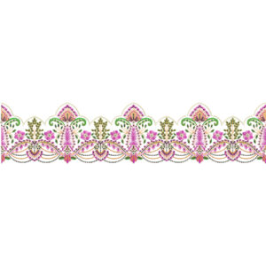 Elegant Pastel Floral Embroidery Style Scalloped Border Textile Print on Light Base