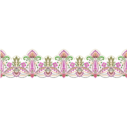 Elegant Pastel Floral Embroidery Style Scalloped Border Textile Print on Light Base