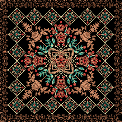 Ornate Floral and Geometric Embroidery Style Square Textile Panel on Black Base