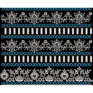 White Floral and Geometric Embroidery Style Multi-Band Border Textile Print on Black Base