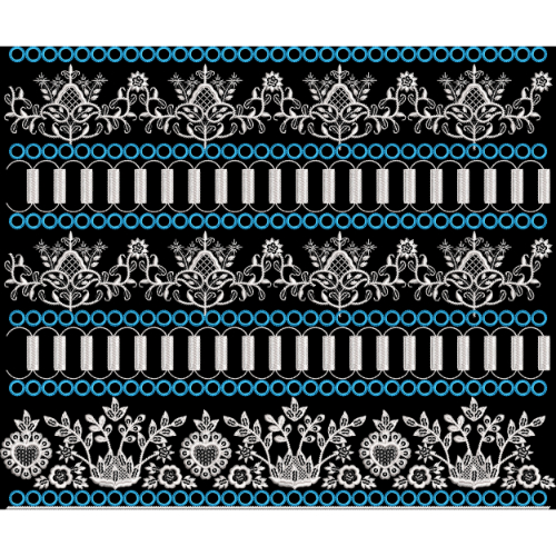 White Floral and Geometric Embroidery Style Multi-Band Border Textile Print on Black Base