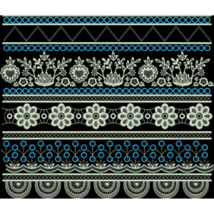 White Floral and Geometric Embroidery Style Multi-Band Border Textile Print on Black Base