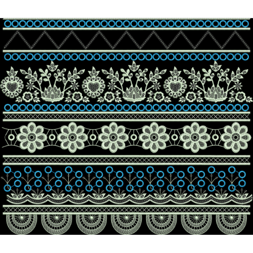 White Floral and Geometric Embroidery Style Multi-Band Border Textile Print on Black Base