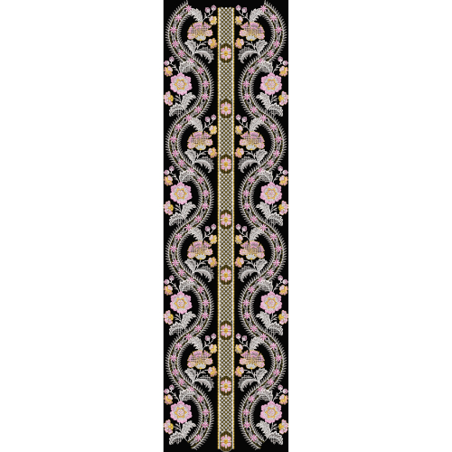 Elegant Floral Vine Embroidery Style Vertical Border Textile Print on Black Base