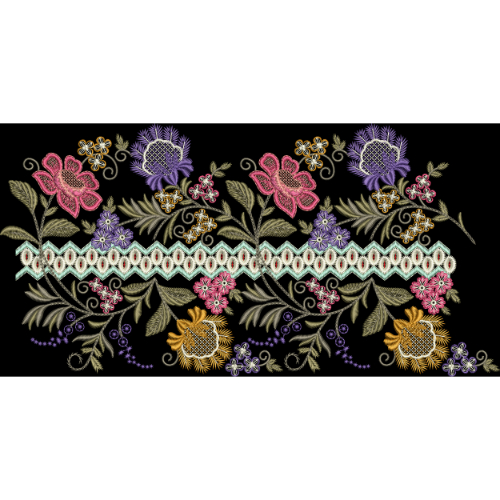 Vibrant Multicolor Floral Embroidery Border with Decorative Lace Pattern