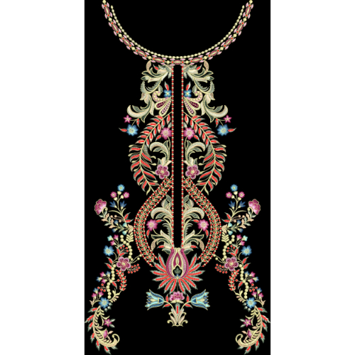 Royal Multicolor Embroidered Neckline Panel Design on Black