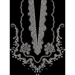 Elegant White Geometric & Floral Embroidered Neckline Textile Design