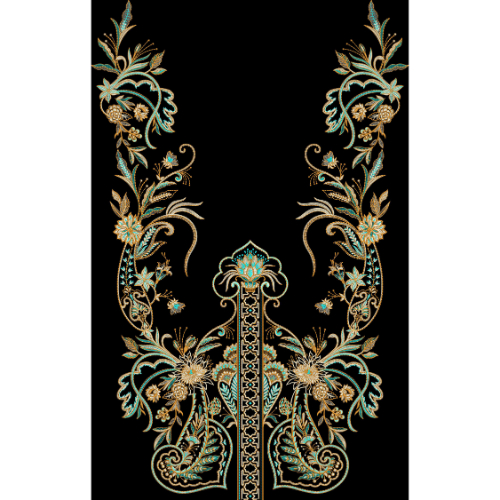 Elegant Gold & Teal Floral Embroidered Neckline Textile Design