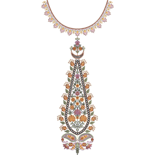 Delicate Multicolor Floral Embroidered Neckline Panel Textile Design