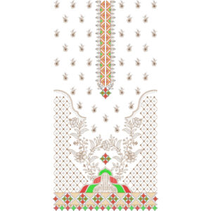Modern Geometric Floral Dress Embroidery Design with Decorative Front Panel and Ornamental Border