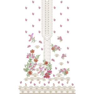 Elegant Floral Front Panel Embroidery Design with Ornamental Neckline and Decorative Border