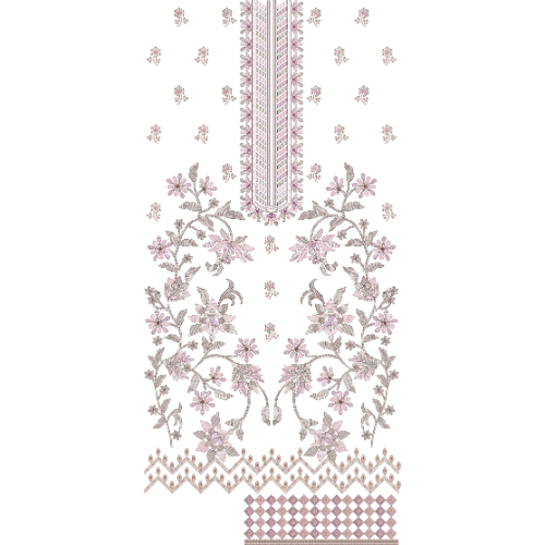 Elegant Soft Floral Front Panel Embroidery Design with Decorative Neckline and Geometric Border