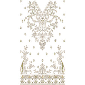 Luxury V-Neck Floral Dress Embroidery Design with Ornamental Motifs and Decorative Border