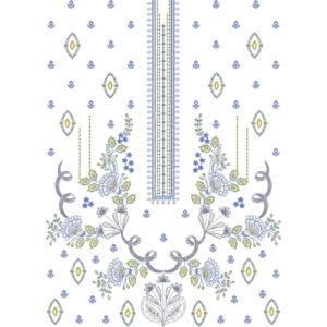 Elegant Blue Floral Neckline with Paisley & Scattered Motif Embroidery Design