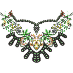 Contemporary Statement Neckline Embroidery Design with Bold Cutwork and Floral Accents